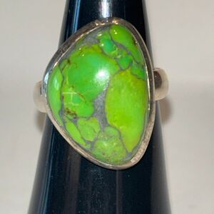 Green Mojave turquoise & 925 sterling silver ring Sz 5.5 copper vein 4.94g 15x11